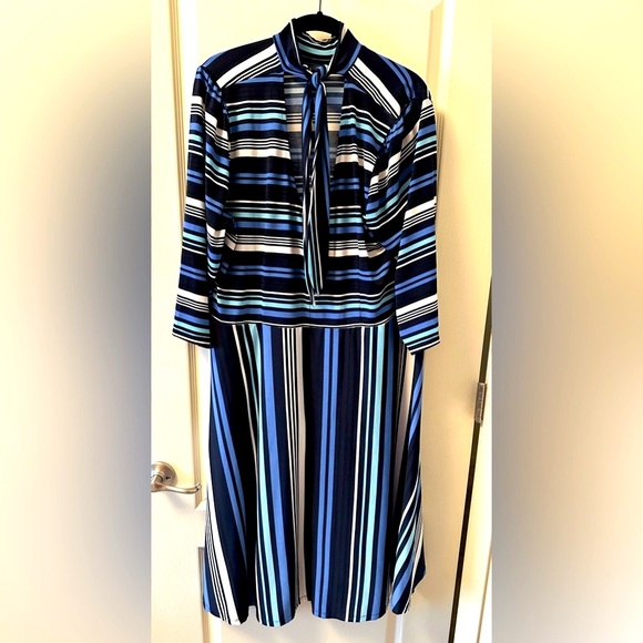 ELOQUII Blue Striped A-Line Dress with Tie-Back - Picture 2 of 7